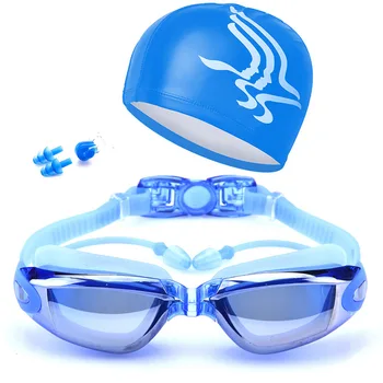 1 nastavite Odraslih high definition nepremočljiva Meglo Plavanje Očala Kit Prevlečeni Leč Plava Plavati Očala+Skp+Primeru+Sponka za Nos+Ušesni Čepi