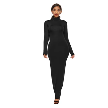 2020 Jeseni Plus Velikost Trdnih Priložnostne Slim Bodycon Paket Hip Maxi Obleko Z Dolgimi Rokavi Turtleneck Stretchy Dolga Obleka Ženske Vestidos