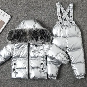 Ruske zime navzdol debelejše plasti toplo obleko nositi otrok, fantje dekleta raca navzdol jopiči+kombinezon 2 KOS otroci jopiči Y2433