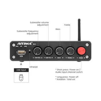 AIYIMA Bluetooth 5.0 TPA3116 Subwoofer Ojačevalnik 50Wx2+100W USB Hi-fi Stereo Digitalni 2.1 Zvok Zvočnikov Ojačevalec Moči Avdio Amp