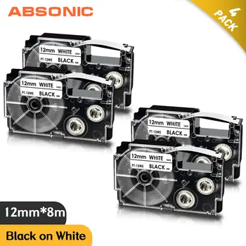 Absonic 4PCS XR-12X XR-12WE Črna na Jasnih/White Label Trakom, Kartuše, Združljive za Casio BG-120 KL-100 KL-820 KL-7200 Tiskalnik