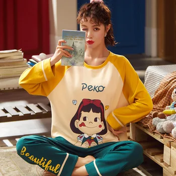 2021 Pomlad Novo korejsko Slog Preprost Dolgimi rokavi Ženske Pižame Sladko in Cute Anime Risanke Pižamo Domov Storitev Obleko