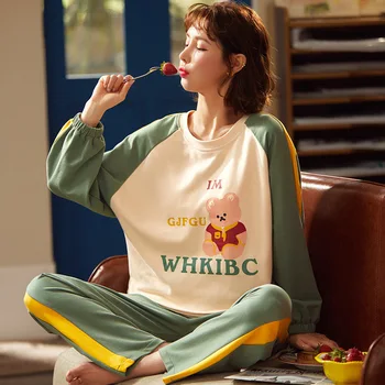2021 Pomlad Novo korejsko Slog Preprost Dolgimi rokavi Ženske Pižame Sladko in Cute Anime Risanke Pižamo Domov Storitev Obleko