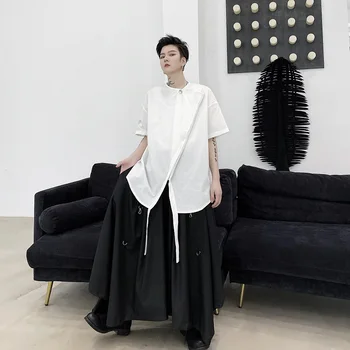 Kratka sleeved poletje pol-rokav Moda Asimetrična Obleka Yamamoto slog lase slog moške osebnosti traku oddelek t shi