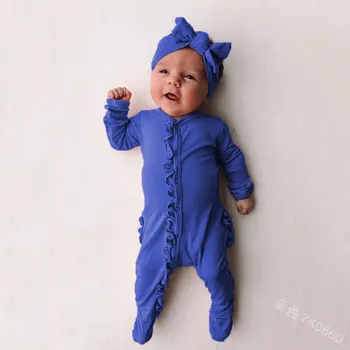 Novorojenček Dojenček Fant Dekle z Dolgimi Rokavi Ruffles Barva Bombaž Footies Glavo 2PCS Sleepwear Otroška Oblačila
