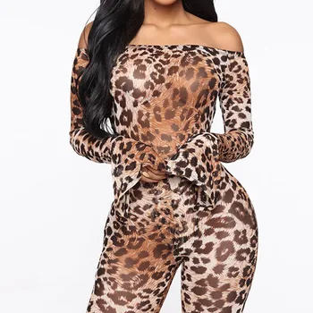 Ženske Off Ramenski Leopard Natisnjeni Dolgimi Rokavi Jumpsuit Bodysuits+dokolenke Stretchy Dva Kosa Obleke, Modni Clubwear