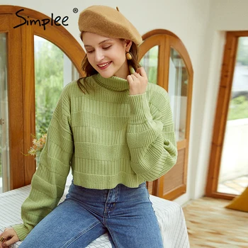 Simplee turtleneck mozaik pleteni pulover ženske Priložnostne trdna long sleeve jopica ženski Jeseni, pozimi kratke skakalec 2020