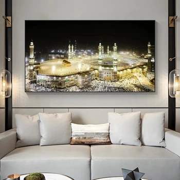 Islamska Wall Art Plakati Meka Mošeje v Mestu Nočni Platna Slike Na Steni Umetnosti Muslimanskih Dekorativne Slike Doma Dekoracijo