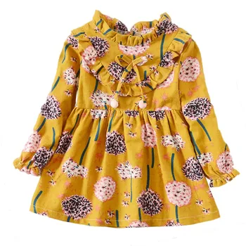 Dekleta Obleke Jeseni Leta 2019 Dekliška Oblačila, Casual Cvet Natisnjeni Vzorec Dolg Rokav Bowknot Pliš Žogo Dekoracijo Obleke