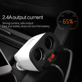 HOCO 5V 3.1 Avtomobila Dvojni Polnilnik USB Z 2 Avto Vžigalnik Reža za Hitro Polnjenje Prikaz Napetosti tok Za iPhone X XS 8 7 6s