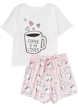2020 Ženska Kawaii Pižamo Poletje Pajama Mujer Pižamo Luštna Mačka Printe Salon Obrabe Sleepwear Nastavite Obleko za Dom