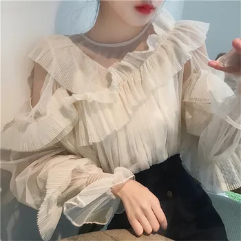 Oblikovanje Ženske Modni Ruched Ruffles Srajce Votlih Odklon Šifon Shirt Ženski 2019 Novo Elegantno Femininas Korejski Očesa Bluze
