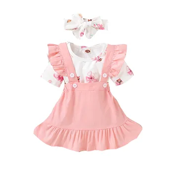 Za Malčke Baby Girl Obleke Cvjetnim Tiskanja Romper Kratek Rokav Vrhovi+Suspender Krila Trakovi Obleke Nastavite 2020 Poletje Otroci Oblačila