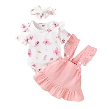 Za Malčke Baby Girl Obleke Cvjetnim Tiskanja Romper Kratek Rokav Vrhovi+Suspender Krila Trakovi Obleke Nastavite 2020 Poletje Otroci Oblačila