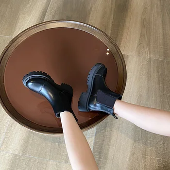 2020 Platformo Močen Gleženj Škornji Ženske Strani Zadrgo Čipke-up Kratke Škornji Ženske blagovne Znamke Design Ulica Slog Pozimi Plišastih Čevlji Mujer