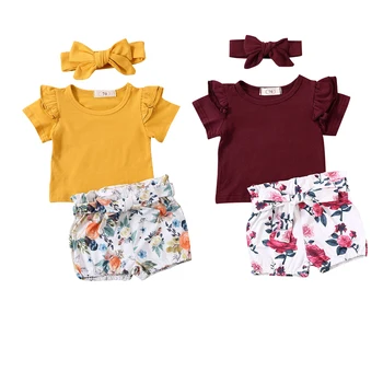 0-24M Malčke Baby Dekleta Obleke, Kompleti Ruffles Rokav Kratek Rokav T Majice, Vrhovi+Cvetlični Hlače+Glavo 3pcs