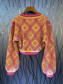 2020 jeseni in pozimi novo žensk V-neck trak barvno ujemanje meja gumbi dolgo sleeved divje kratek plesti pulover 1007