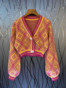 2020 jeseni in pozimi novo žensk V-neck trak barvno ujemanje meja gumbi dolgo sleeved divje kratek plesti pulover 1007