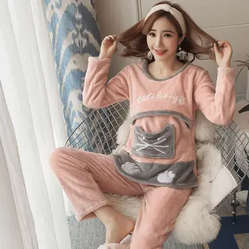 2020 Pozimi Sleepwear Set Za Nosečnice Bombaž Zimskem Času Bolniške Pižame Nosečnost In Dojenje Porodniškega Nightgown Oblačila