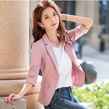 2021 Korejske Modne Ženske Trakove Kratka Jopiči, Jakne Sedem Rokav Vrhnja Oblačila Elegantne Dame Plašči Delo Obrabe Pink Plus Velikost
