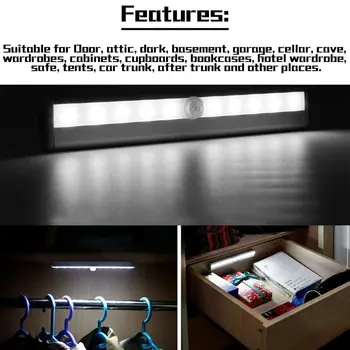 Ultra-tanek PIR Senzor Gibanja, LED Luči, v Okviru Kabineta Luč Za Omaro Omare Omare Magnetna Palica-na Akumulatorski Noč Svetlobe