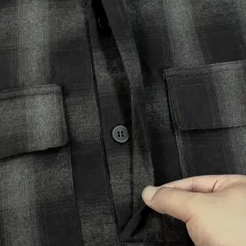 Black & Grey Prevelik Kariran Flannel Srajco Henley vratni Izrez, Kratek rokav Puloverju Srajce Gumirani Obliž Na Hrbtni strani Visoke Kakovosti