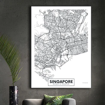 Znani Zemljevid Mesta Singapur Natisnjeni Platno Stensko Slikarstvo Umetnost Slike Črno-Bele Plakate in grafike Dnevni Sobi Doma Dekor