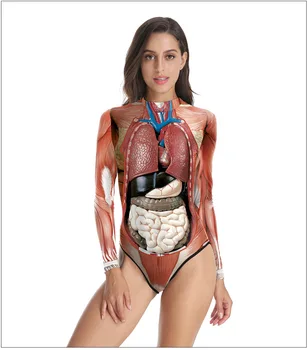 Človeške Anatomije 3D Tiskanja Dolg Rokav Seksi En Kos Kopalke Ženske Entrail Vzorec Obleka, Ženske Telo Obleko Priložnostne Jumpsuit