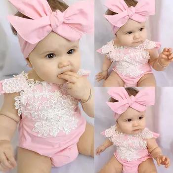 Pudcoco Dekle Obleko Roza Newborn Baby Dekleta Čipke Cvetlični Bodysuit Jumpsuit Sunsuit Kostum