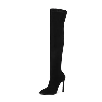 QUTAA 2020 Pozimi Nad Kolena Ženske Škornji Stretch Materiali, Visoke Pete Zdrsne na Čevlji Konicami Prstov Ženska Dolgo Škornji Velikosti 34-43
