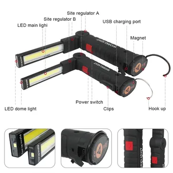 Svetilka COB Prenosni 5 Način Baklo USB Polnilna LED delovna Lučka Magnetni COB Lanterna Visi Šotor Lučka Vgrajeno Baterijo