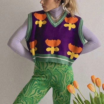 Jeseni leta 2020 odrezana pulover pleten letnik jopica telovnik ženske brez rokavov v vratu jopica telovnik korejski ohlapen pulover cvet