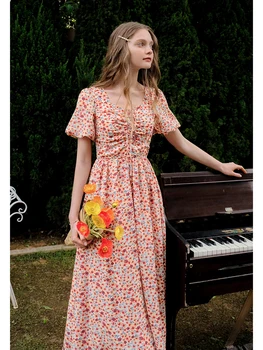 Poletje francoske ženske sladko sodišče self-gojenje ženska oblačila cvetlični printt obleko Proti-vrat visoko pasu zvončnica Obleko