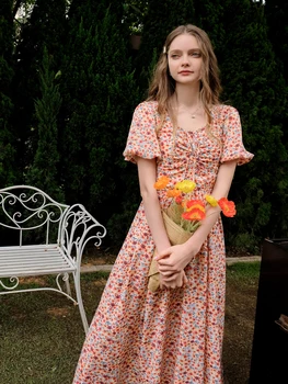 Poletje francoske ženske sladko sodišče self-gojenje ženska oblačila cvetlični printt obleko Proti-vrat visoko pasu zvončnica Obleko