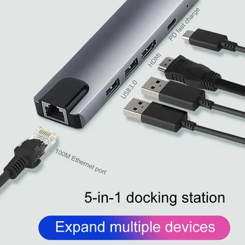 USB priključek za Razširitveno Postajo 5 V 1 Tip-C, Da 4KHDMI-združljiv Priklopne Postaje USB 3.0 TF PD Polnilnik Hub Tok Hitro Polnilnik