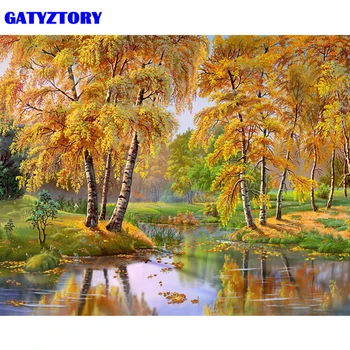 GATYZTORY brez okvirjev Slike Gozd Reka DIY Barvanje Z Številkami Pokrajino Sodobne Dom Wall Art Platno Slikarstvo 40x50cm Umetnine