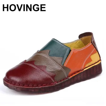 HOVINGEgenuine usnjeni čevlji ženska, pomlad / jesen ženske moccasins retro Slip-On ženska čevelj Zapatos Mujer mešanih barv ravno čevelj