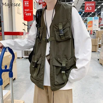 Majice Moške Multi Žepi Safari Stil Plus Velikost 3XL Taktika Retro Vintage Coats Mladoletniki Spadajo Harajuku High Street Jakne brez Rokavov