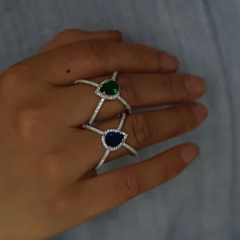Modro zeleno kaplja cz dolgo criss cross X tesnilo polno prst band modni nakit