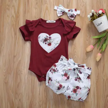 2020 Newborn Baby Dekleta Otrok Oblačila Ruffle Jumpsuit Vrhovi + Cvetje Hlače + Glavo 3PCS Oblačila Sklop