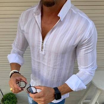 Črtasto Moških Srajc 2020 Moška Majice Z Dolgimi Rokavi Priložnostne Trdna Slim Fit Beli Človek Bluze Vzročno Rokavi Zip Moda Novo Bluzo Vrhovi