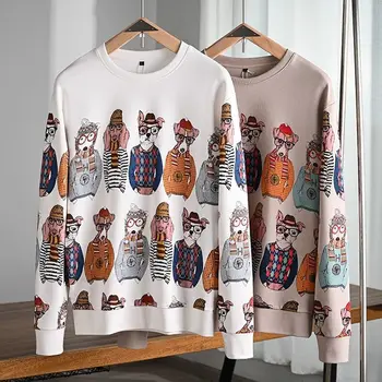 Za moške in ženske risanka vzorec natisnjene kuža pulover moške dolgo sleeved ljubitelji mode hip hop
