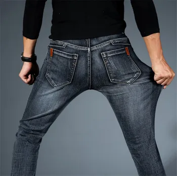 Jeans Za Moške Stretch Sredi Pasu Črno Modra Jean Moda Trak Naravnost Hlače Plus Velikost Klasičnih Pantalon Homme Jean