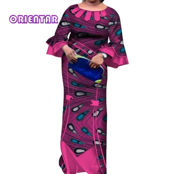 Afriške Obleke za Ženske Priložnostne Flare Rokav Dolgo Obleko Maxi Bombaža Ženske Afriške Tiskanja Oblačila Plus Velikost Anakra Dresse WY4154