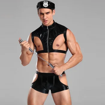 Gothic Black PU Usnje Seksi Moški Policija Enotno Obleko Vroče Erotično Cosplay Perilo Nastavite Halloween Kostumi za Moške