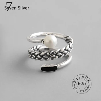 Pravi 925 sterling silver obroči za ženske pearl verige black cirkon Trendy fine Nakit Velik Nastavljiv Starinsko Obroči Anillos