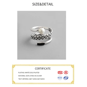 Pravi 925 sterling silver obroči za ženske pearl verige black cirkon Trendy fine Nakit Velik Nastavljiv Starinsko Obroči Anillos