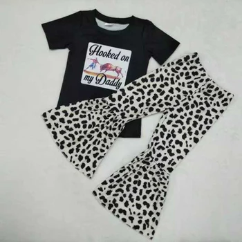 Brezplačna dostava baby dekle leopard bell dnu sopihanje nastavite črno kratek rokav t shirt divja krava obleko ameriški stil otroci jeseni obleko