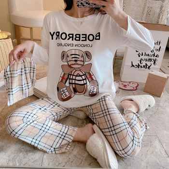 2020 korejski Pjs Ženske Pižame 2pcs Določa Femme Dolg Rokav Risanka medved Tiskanja Srčkan sleepwear Plus Velikost Domov Oblačila Pijamas Mujer