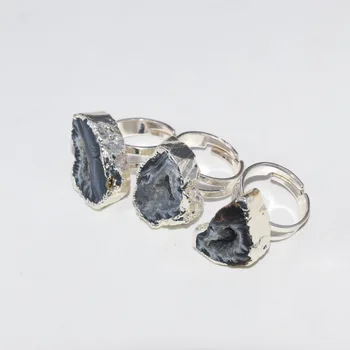 Silver Plated Gruče Geode druzy Obroči za ženske 2021 dekle nastavljiv black raw rezina kristalno druzy quartz obroči za ženske, darilo